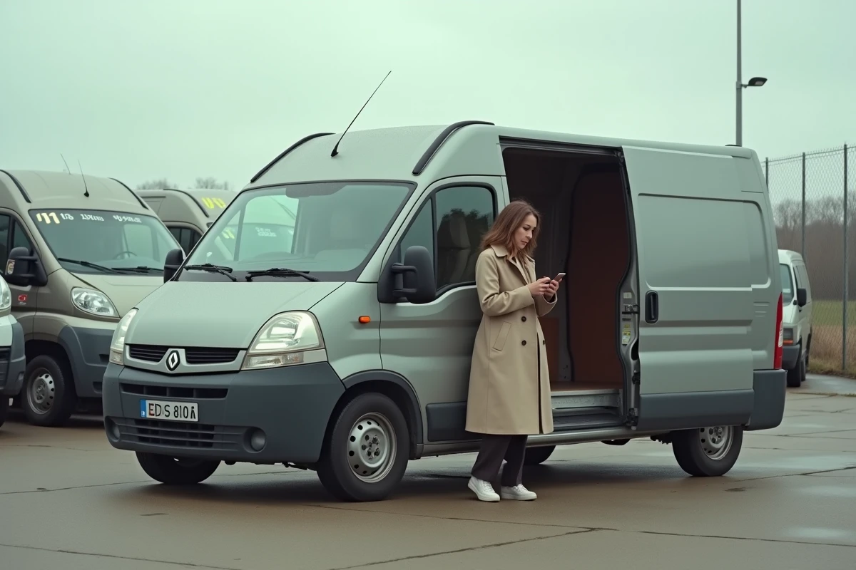 Femme consultant son téléphone devant un utilitaire d'occasion gris dans un parking de vente de véhicules commerciaux en France