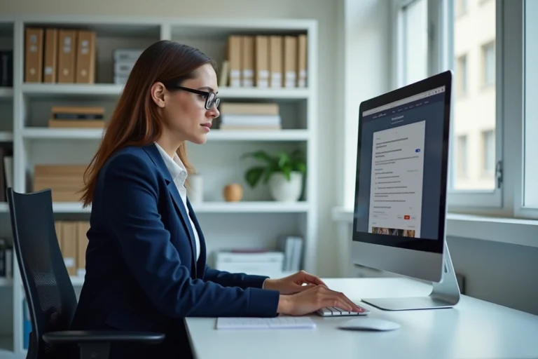 Administratrice scolaire consultant sa messagerie webmail sur un ordinateur de bureau dans un bureau administratif de l'Académie de Bordeaux