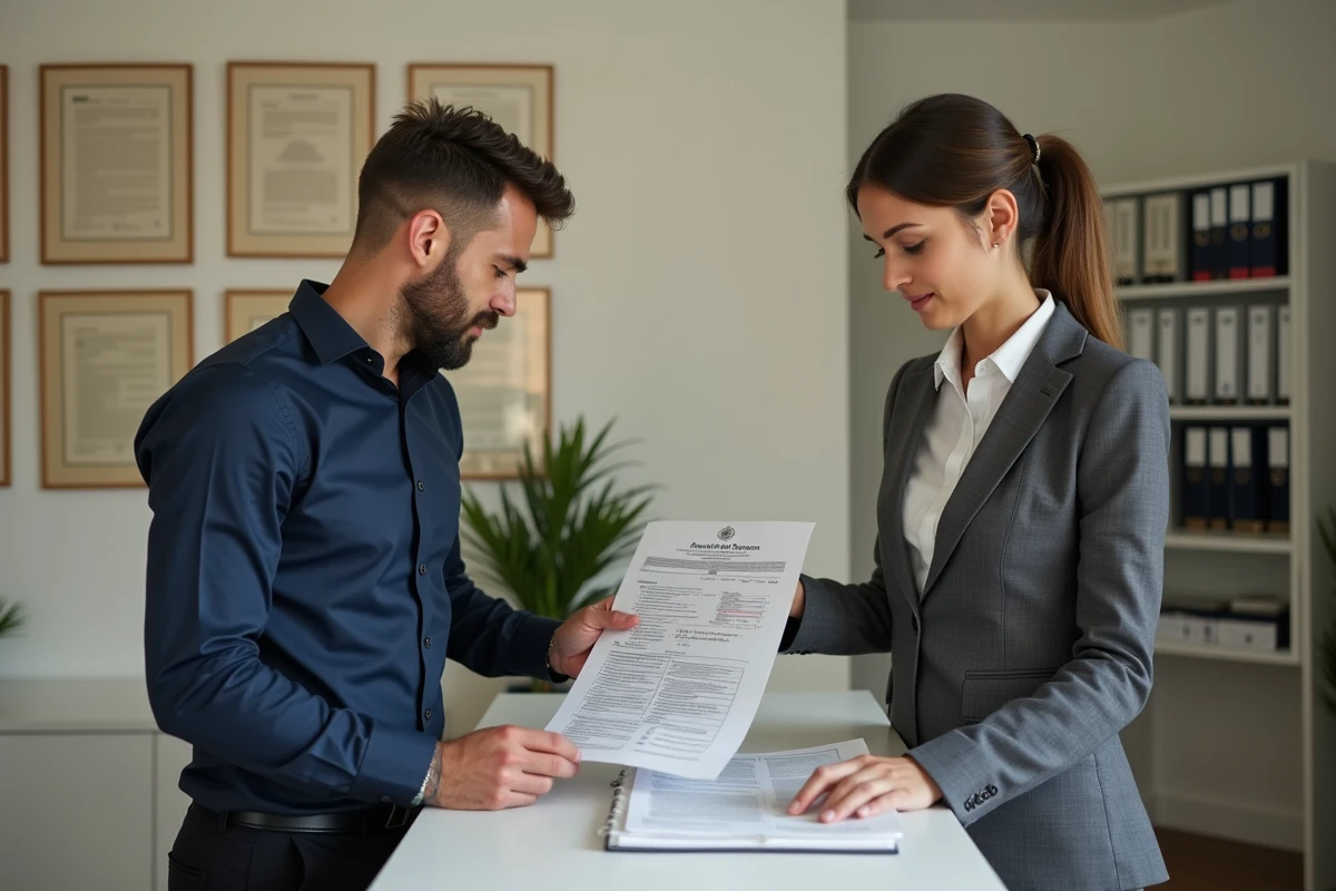 Agent immobilier et client examinant un formulaire cerfa fiche d'immeuble dans une agence