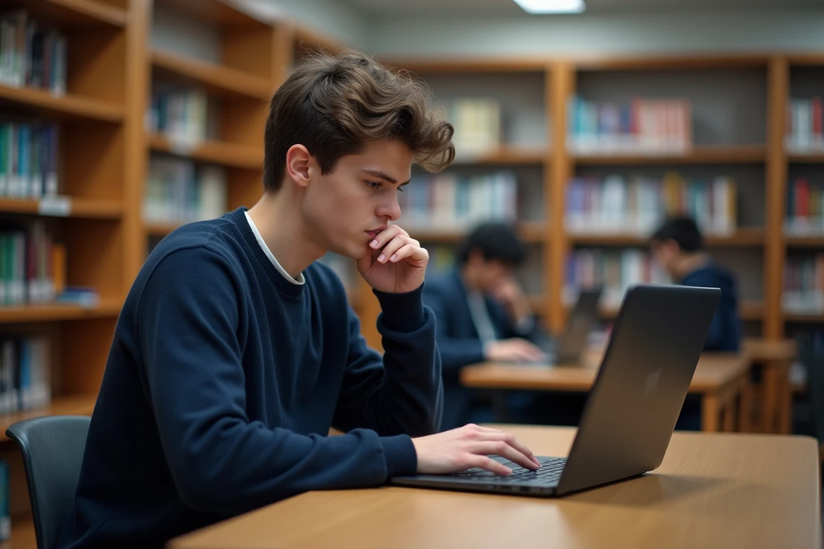 Jeune apprenti révisant sa lettre de motivation pour un CAP Vente sur ordinateur portable en bibliothèque