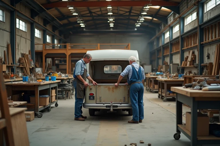Atelier de fabrication artisanal de caravanes en Europe avec des ouvriers assemblant des structures métalliques