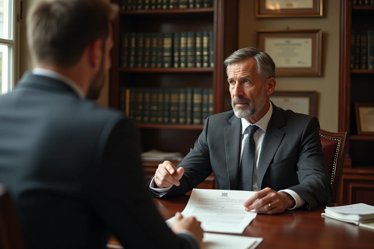 Avocat et client en consultation juridique dans un cabinet français, discutant des implications légales liées aux dettes et à l'expatriation