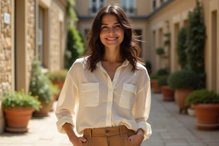 Jeune femme à la beauté naturelle en blouse de lin crème dans une cour parisienne en pierre