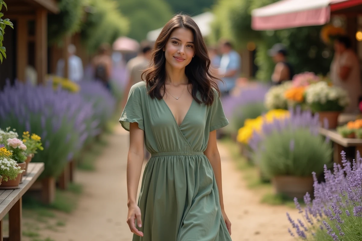Jeune femme en robe verte fluide se promenant dans un marché aux fleurs de campagne française