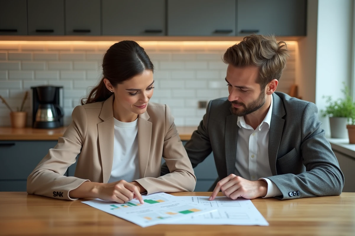 Deux collègues analysant ensemble le calcul des frais de covoiturage autour d'une table