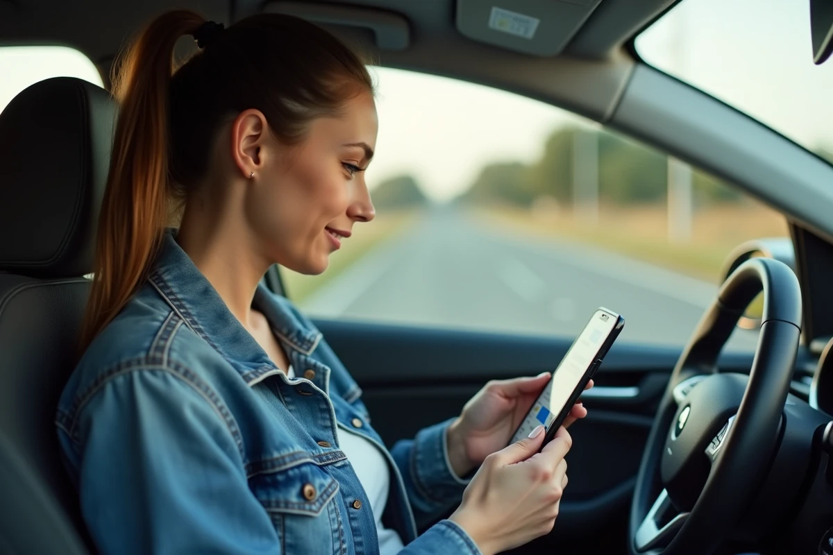 Femme calculant le prix d'un trajet en covoiturage sur son smartphone dans une voiture moderne