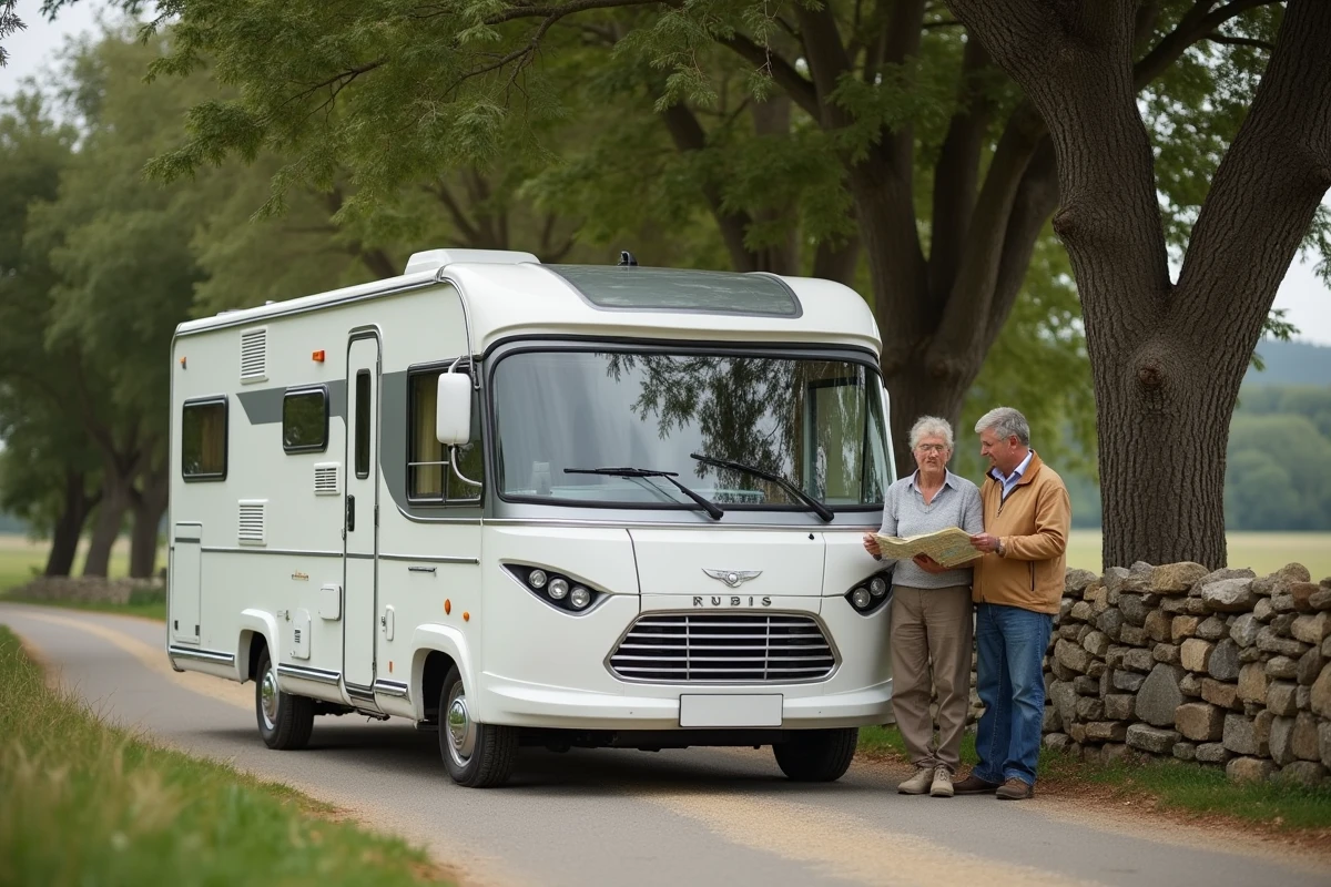 Caravane de style Rubis garée sur une route de campagne française avec un couple en voyage