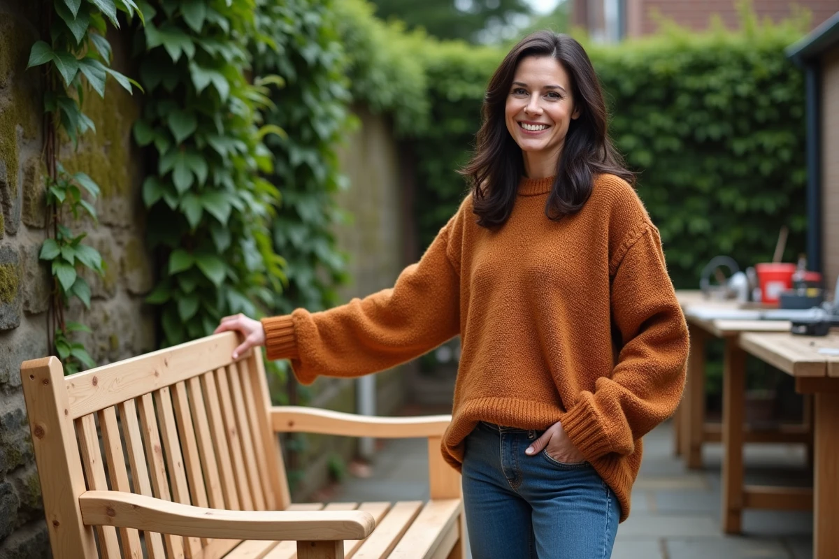 Femme posant fièrement devant un banc de jardin en bois fabriqué à la main, réalisation bricolage extérieur dans l'esprit Cécile Bricole