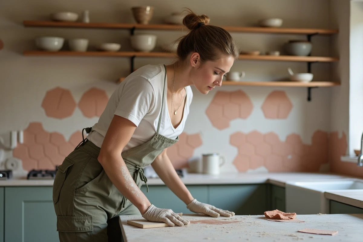 Femme posant du carrelage en terre cuite dans une cuisine rénovée, projet de bricolage et travaux maison inspiré de Cécile Bricole