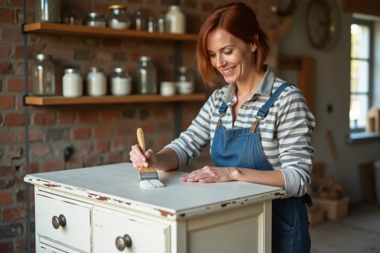 Femme bricolant et repeignant une commode vintage en bois dans un atelier fait maison, réalisation de travaux DIY signée Cécile Bricole