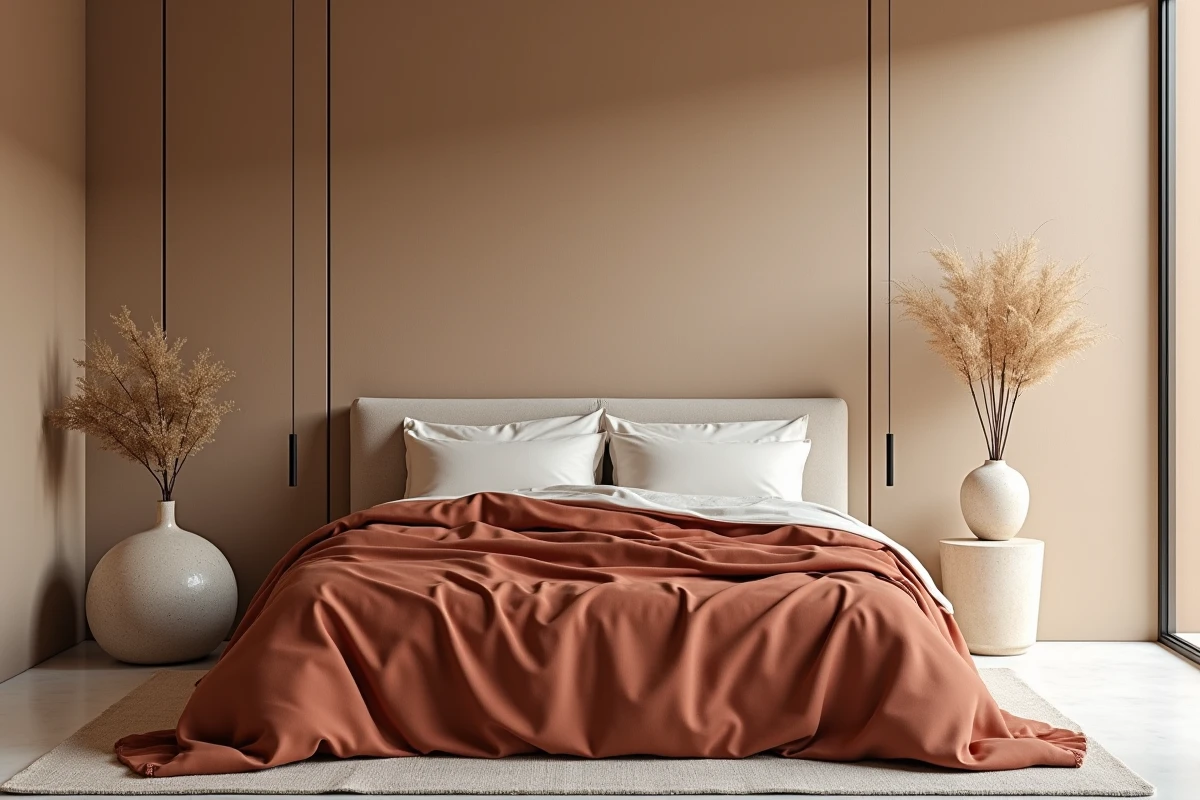 Chambre tendance avec literie en lin terracotta, table de nuit en travertin et mur en stuc sable chaud
