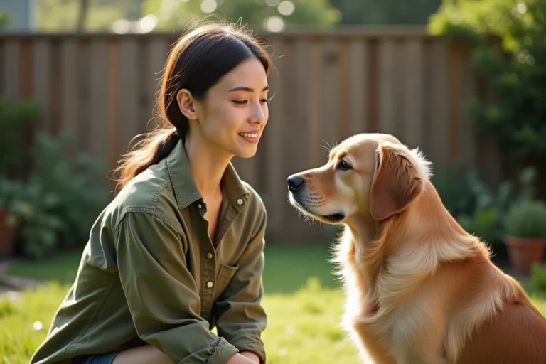 Femme communiquant avec son chien golden retriever dans un jardin, regards croisés au même niveau pour établir une connexion animale