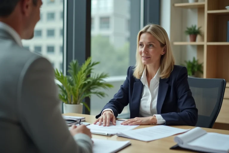 Femme consultant un conseiller en assurance pour souscrire un contrat Privilion dans un bureau moderne