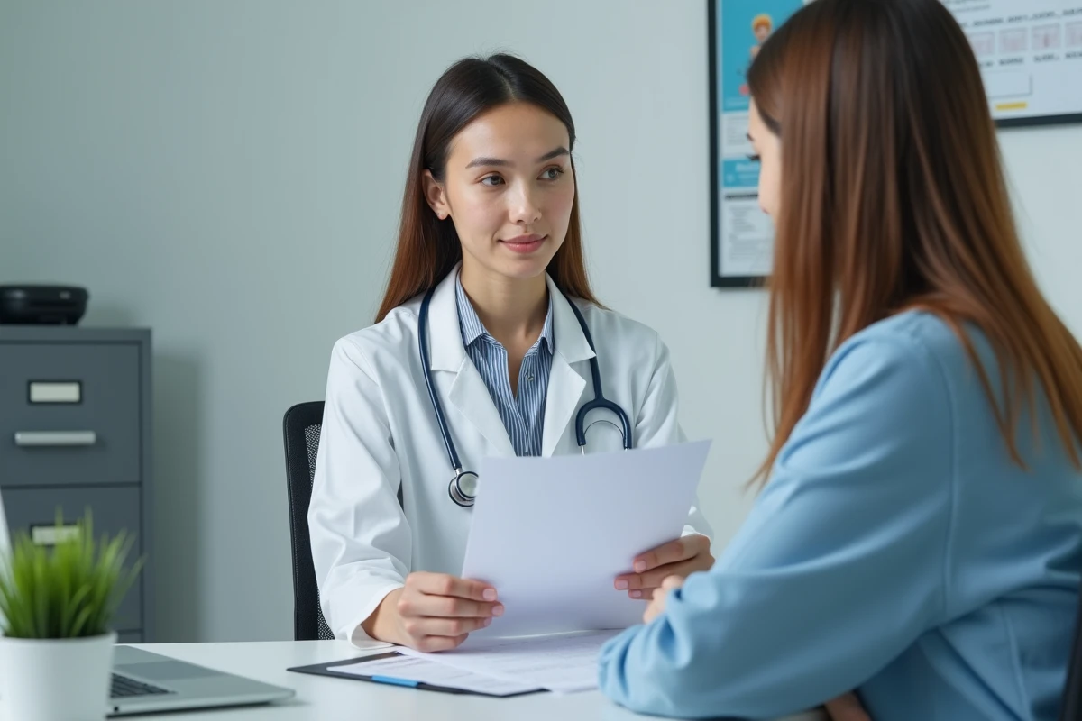 Médecin femme en consultation expliquant des conseils de santé à un patient dans un cabinet médical moderne