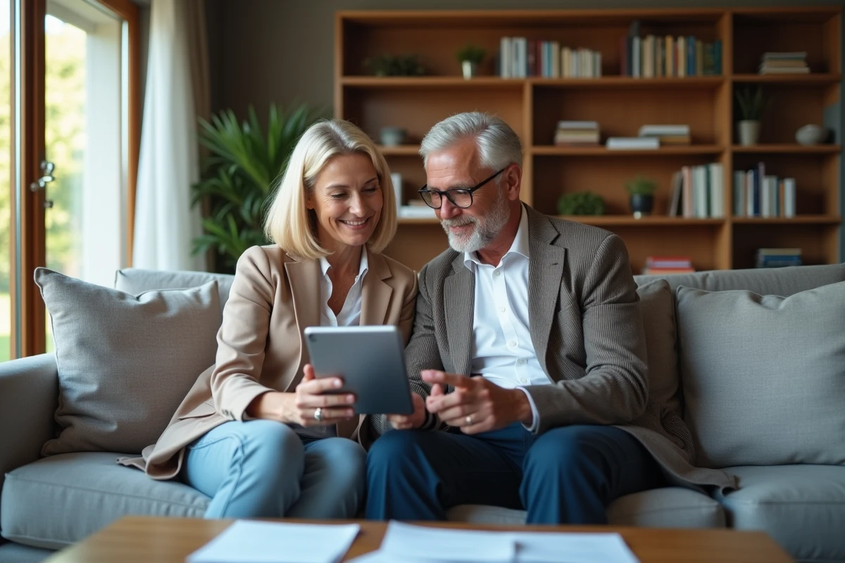 Couple consultant les avantages d'un contrat d'assurance Privilion sur une tablette dans leur salon