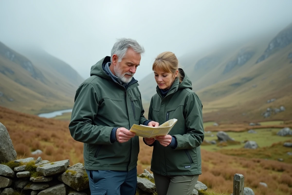 Couple de randonneurs consultant une carte topographique face à un paysage de vallée brumeuse et sauvage