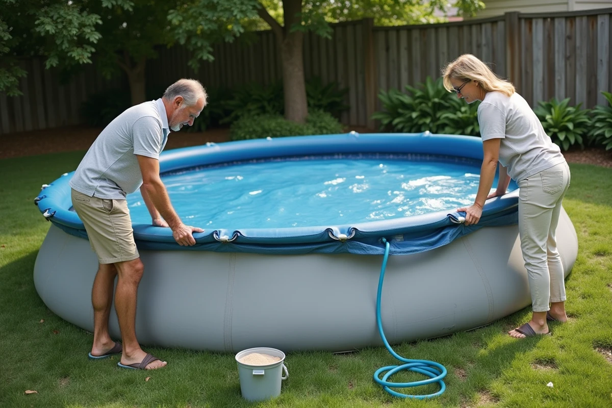Couple repositionnant ensemble une piscine autoportée dégonflée pour corriger son inclinaison sur pelouse