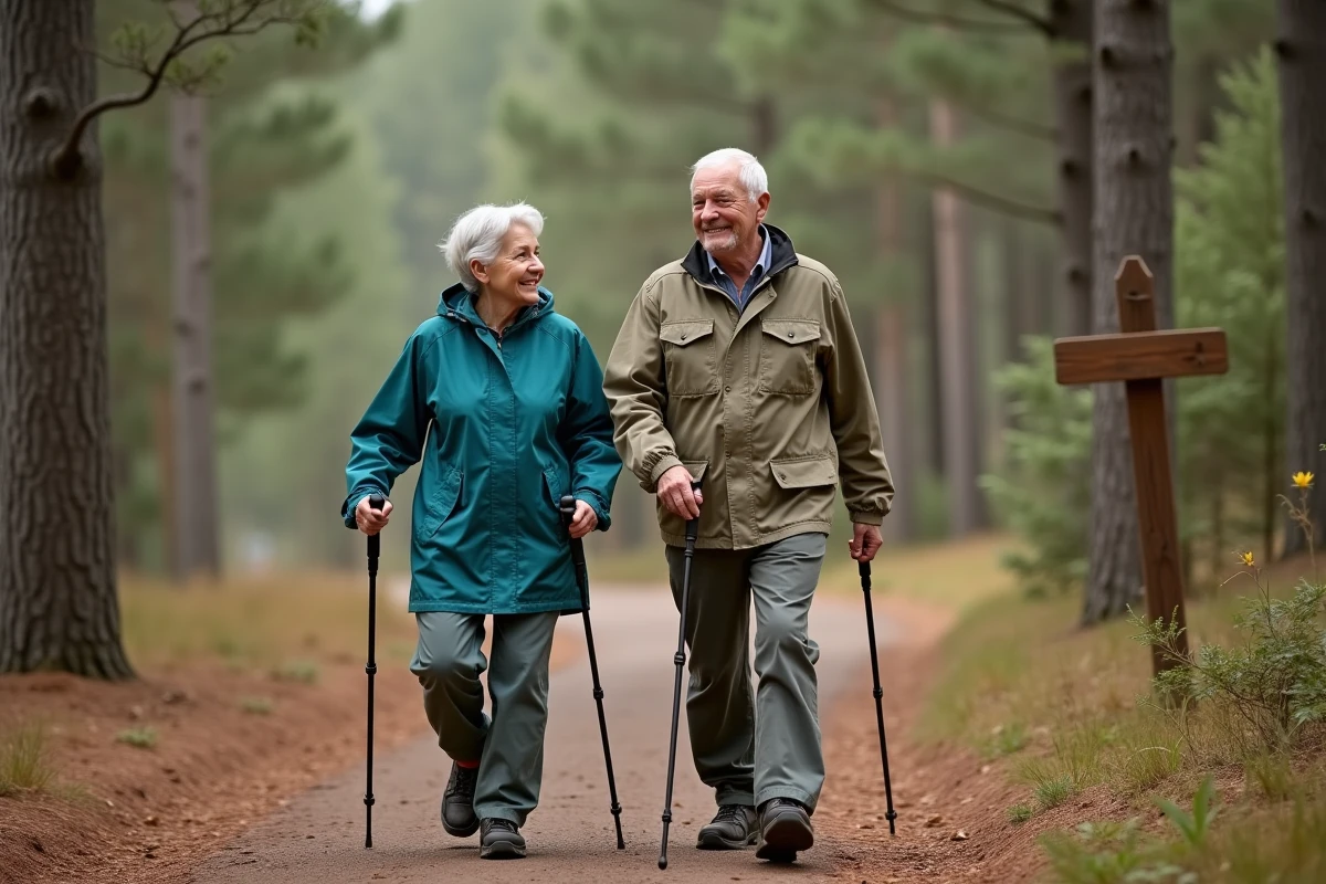 Couple de seniors marchant ensemble sur un sentier forestier avec des bâtons de marche pour maintenir une bonne condition physique