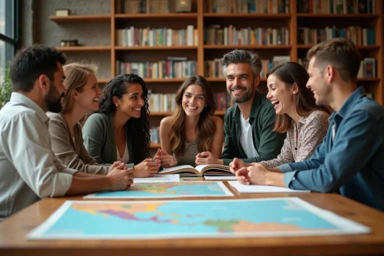 Groupe de personnes discutant des différences culturelles entre pays hispanophones autour d'une table couverte de cartes et de drapeaux dans une bibliothèque universitaire