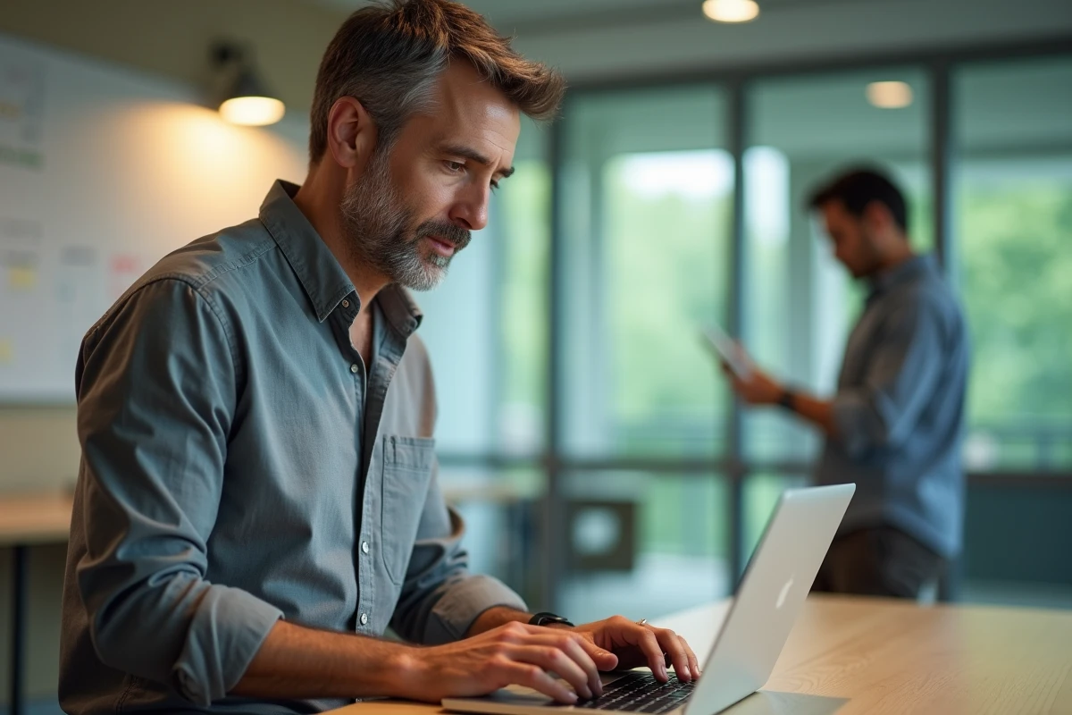 Enseignant du secondaire utilisant la plateforme de convergence numérique sur un ordinateur portable dans une salle des professeurs d'un lycée bordelais