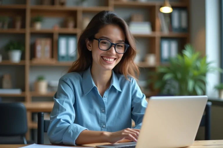 Jeune enseignante souriante vérifiant ses emails dans un bureau scolaire