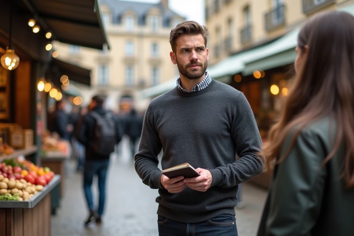 Jeune entrepreneur en discussion avec un commerçant local au marché des Lices de Rennes, carnet de notes à la main