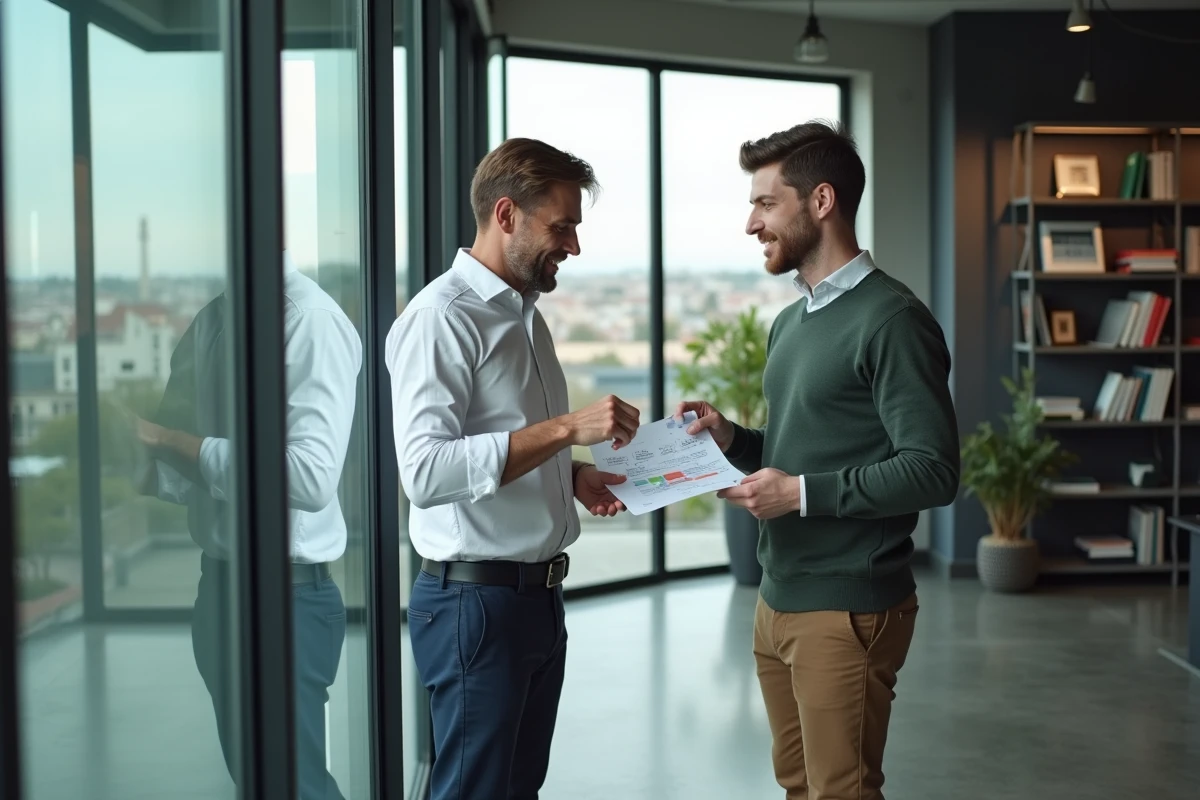 Deux entrepreneurs discutant d'une stratégie de développement business dans un incubateur contemporain à Rennes