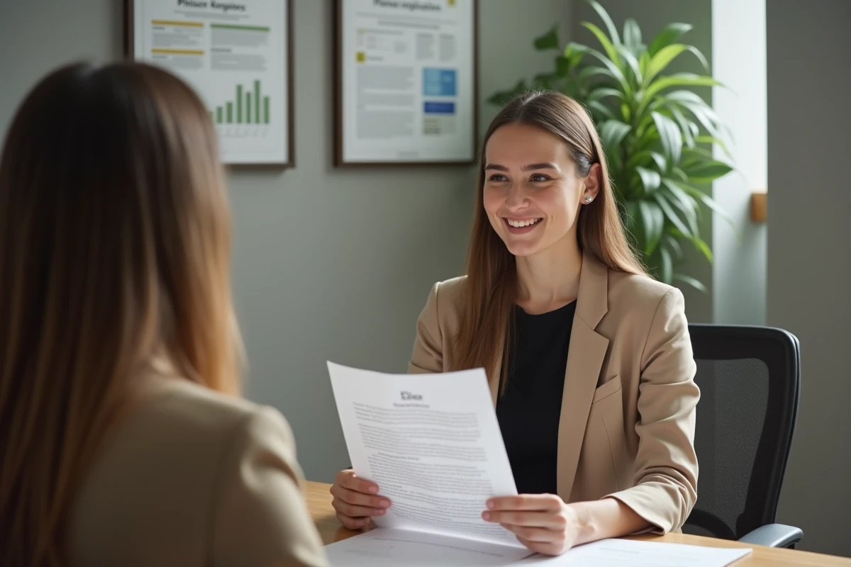 Jeune candidate en entretien avec un conseiller d'orientation tenant sa lettre de motivation pour un CAP Vente