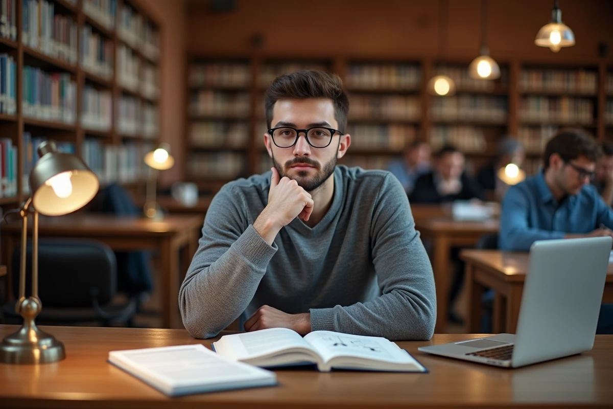 Étudiant en droit étudiant les différences entre appréciation in abstracto et in concreto dans une bibliothèque universitaire