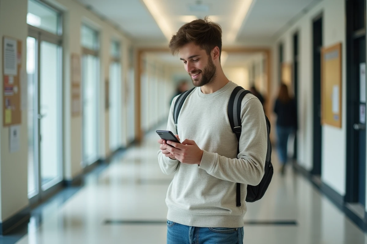Étudiant universitaire regardant son smartphone dans un hall lumineux