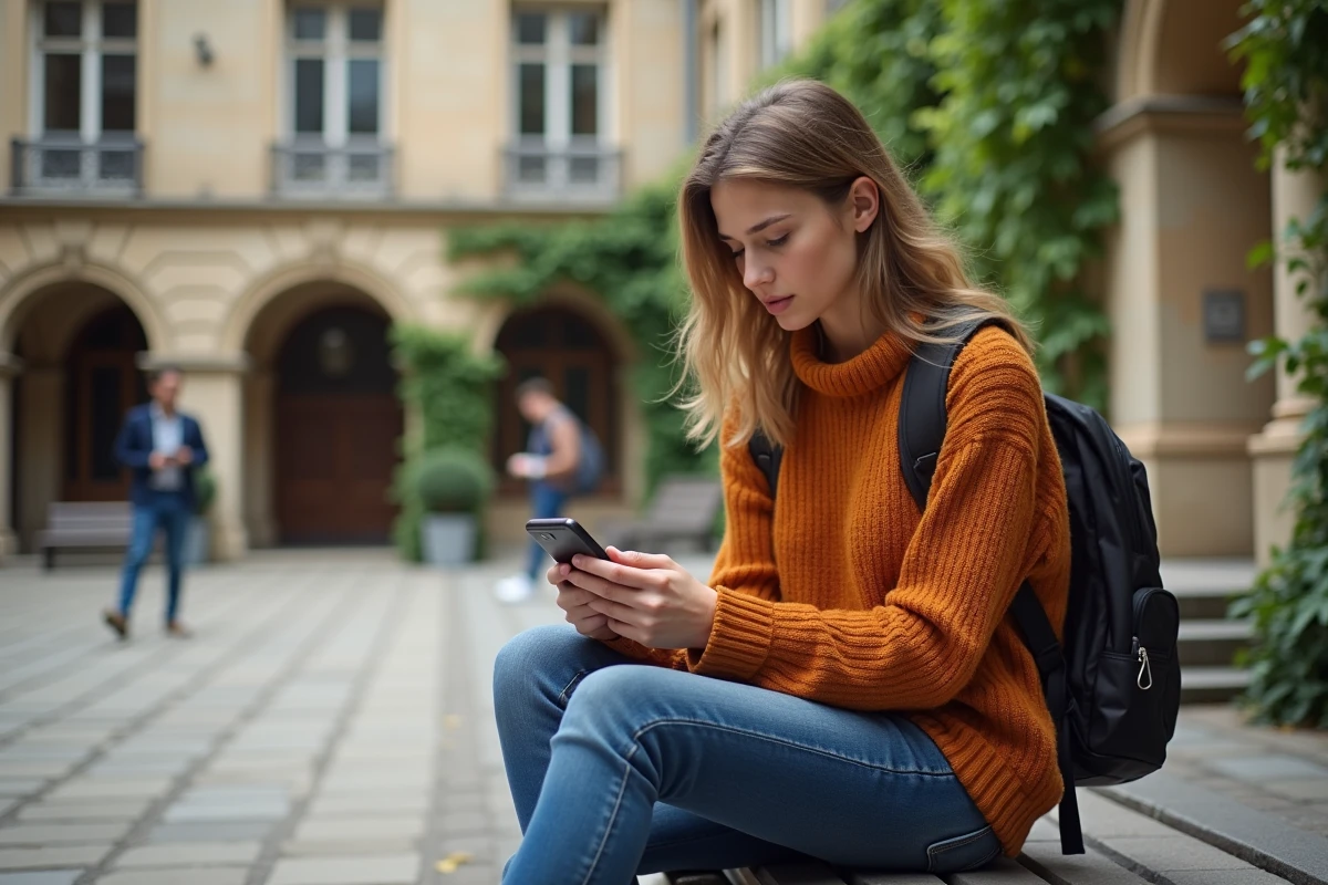 Étudiante consultant sa messagerie institutionnelle de l'Académie de Bordeaux sur smartphone dans la cour d'un bâtiment universitaire bordelais