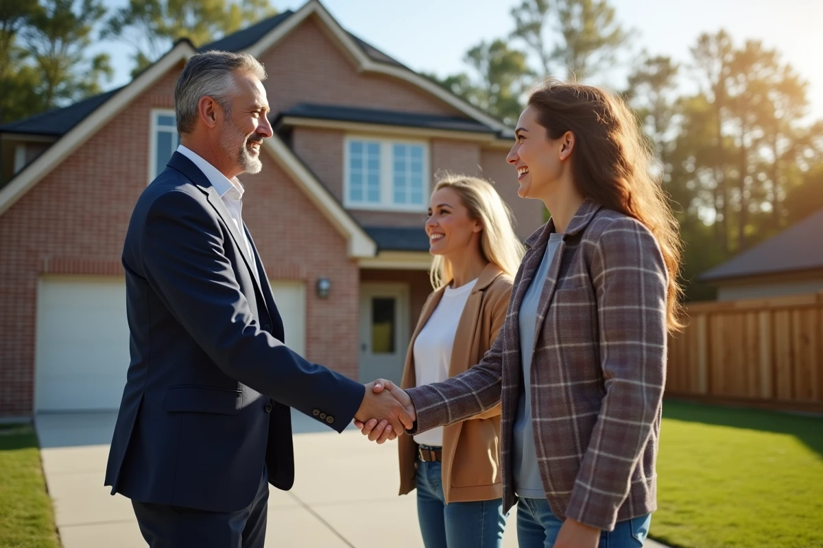 Famille souriante devant leur nouvelle maison