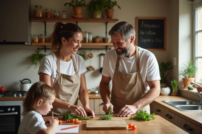 Famille épanouie préparant un repas ensemble dans une cuisine chaleureuse, parents et enfants partageant un moment complice du quotidien