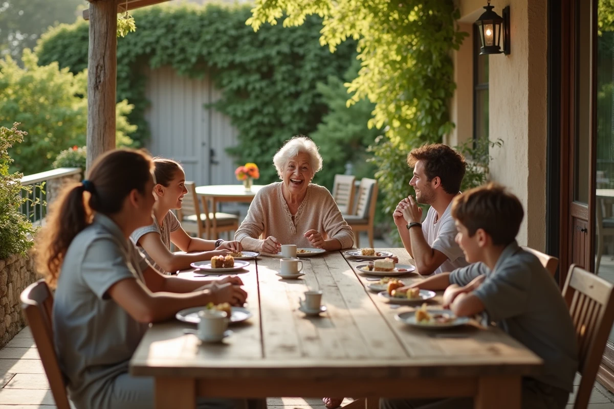 Famille multigénérationnelle réunie autour d'une table en terrasse pour un repas dominical convivial, grand-mère partageant une histoire avec ses petits-enfants