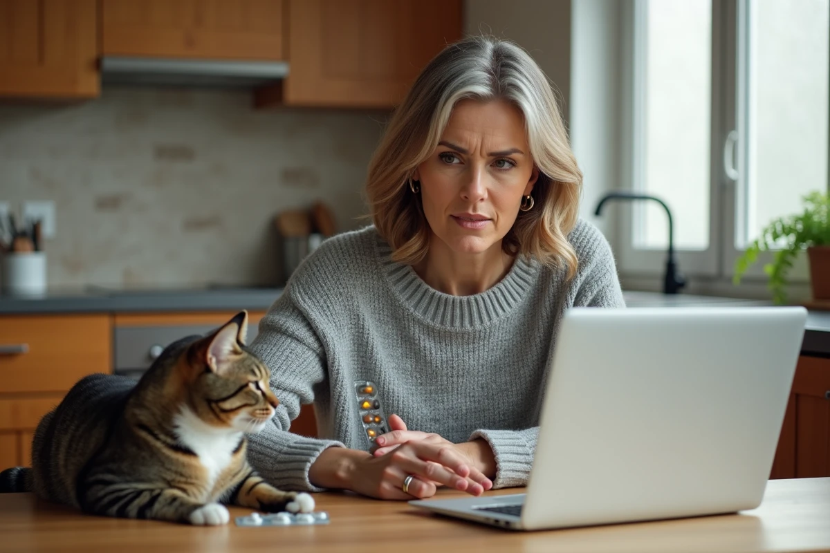 Femme consultant un site de pharmacie vétérinaire en ligne pour acheter des pilules pour son chat sans ordonnance