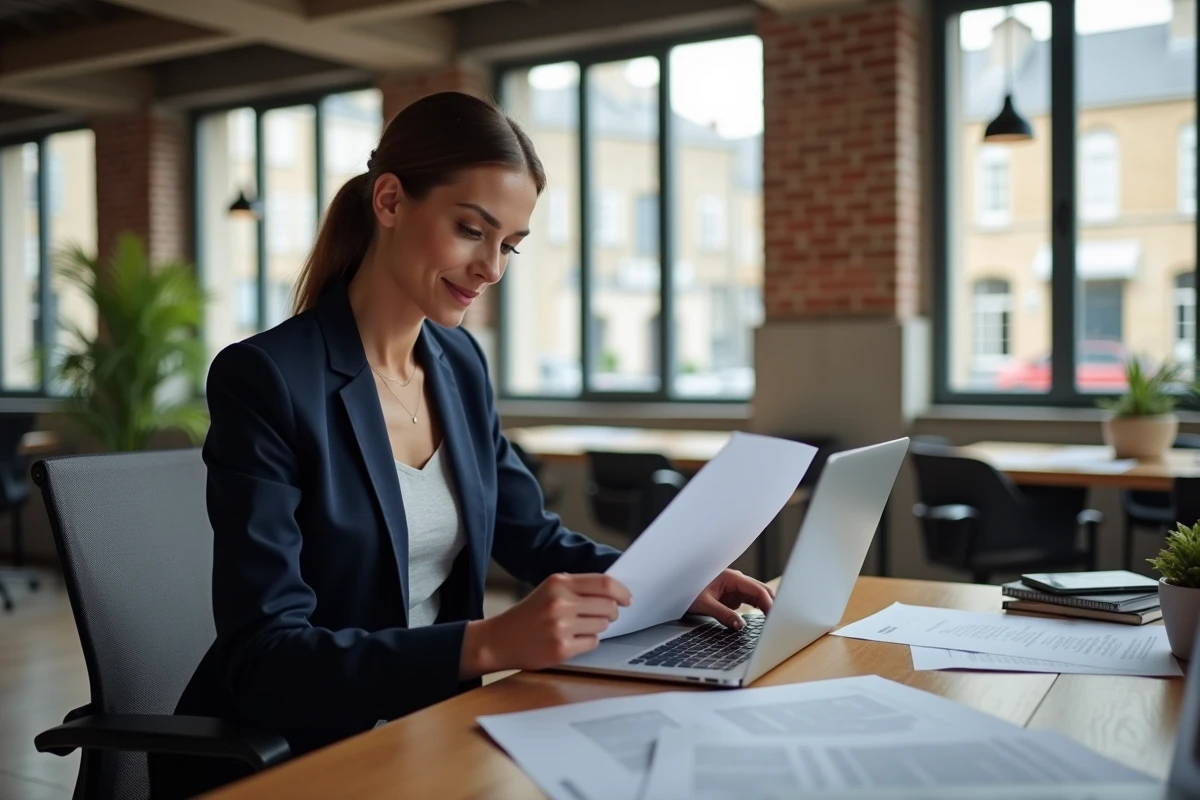 Femme d'affaires travaillant dans un espace de coworking moderne à Rennes, consultant des documents professionnels sur un bureau en bois