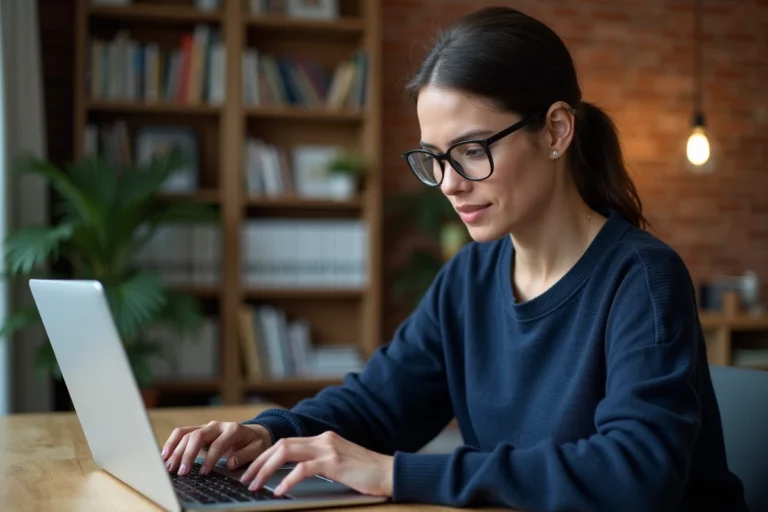 Femme parcourant un annuaire de téléchargement fiable sur son ordinateur portable dans un bureau moderne
