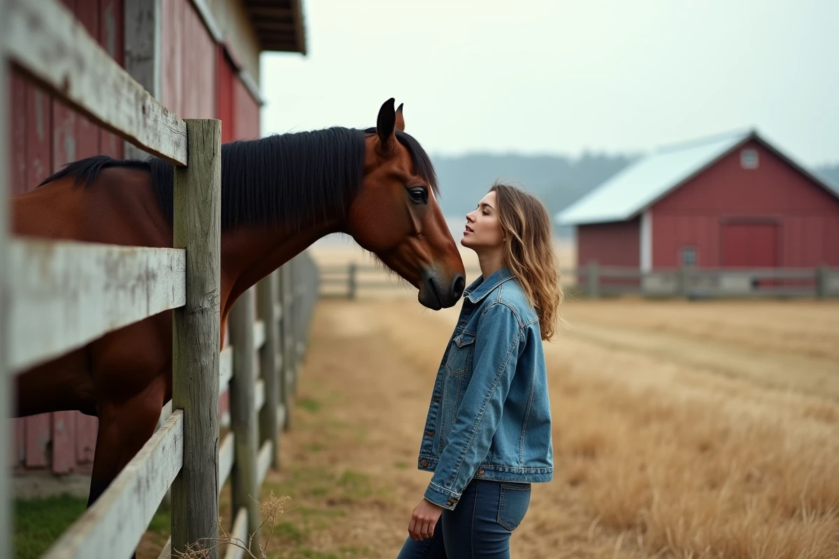 Jeune femme en ferme établissant un lien de confiance avec un cheval brun près d'une clôture en bois, communication non verbale avec les animaux