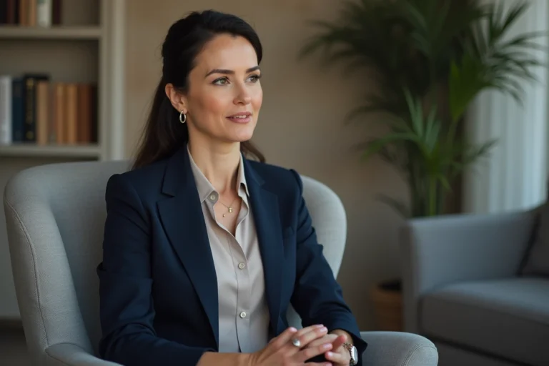 Femme en blazer bleu en pleine conversation intérieure