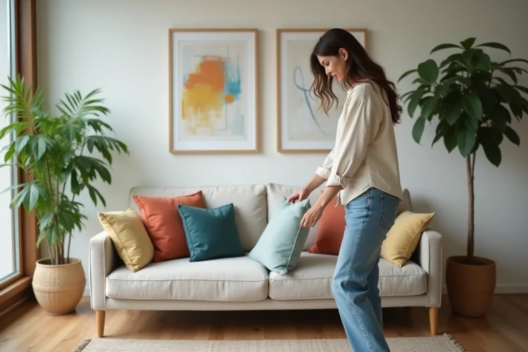 Femme arrangeant des coussins colorés sur un canapé moderne
