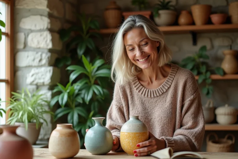Femme souriante arrangeant des vases en céramique dans son salon