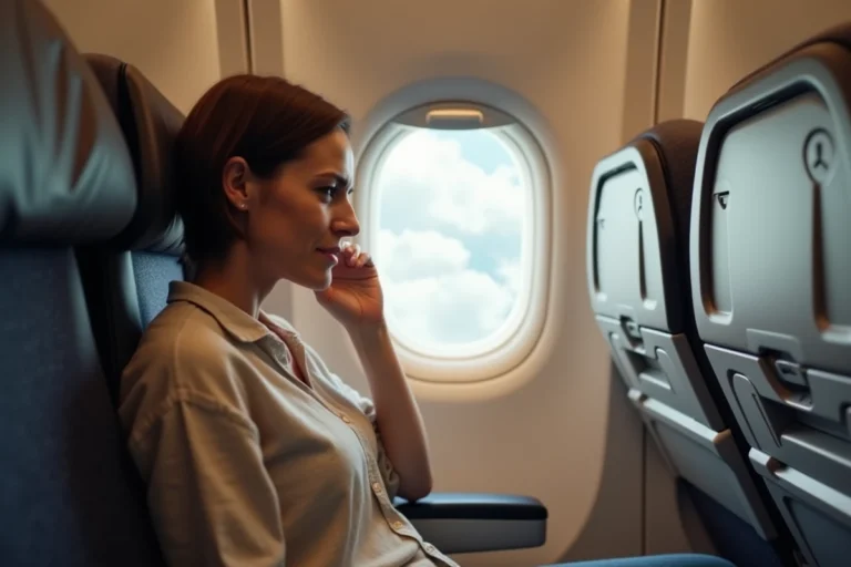 Femme assise côté hublot dans un avion se tenant l'oreille avec une expression de douleur due à la pression en cabine