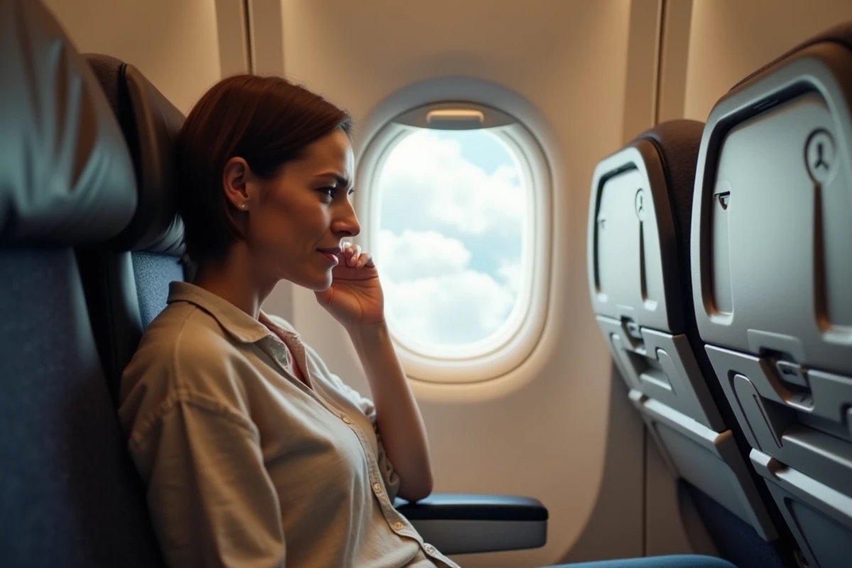 Femme assise côté hublot dans un avion se tenant l'oreille avec une expression de douleur due à la pression en cabine
