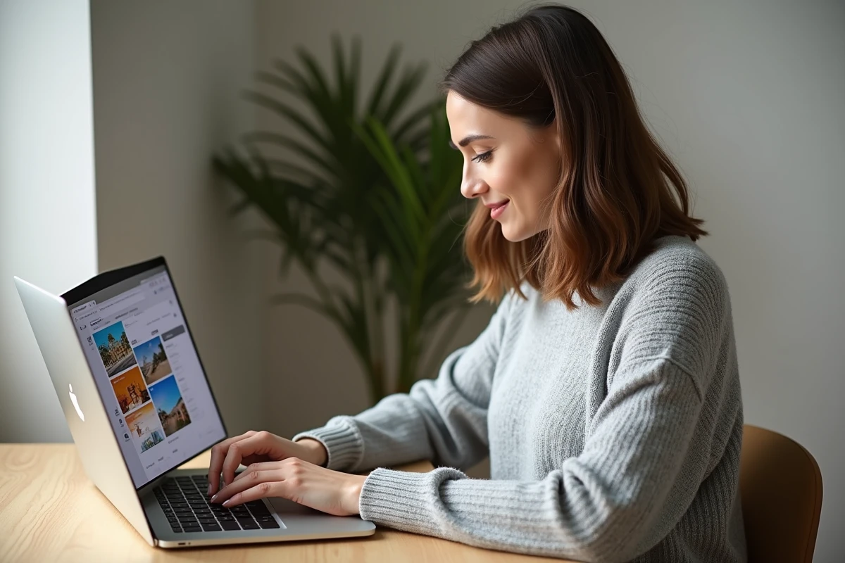 Femme consultant l'historique de réservation Booking sur un ordinateur portable depuis son bureau à domicile