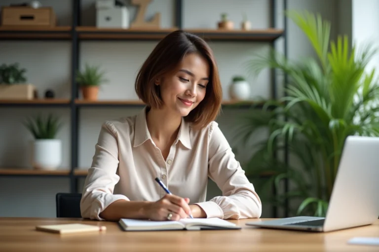 Femme écrivant dans un journal dans un bureau lumineux