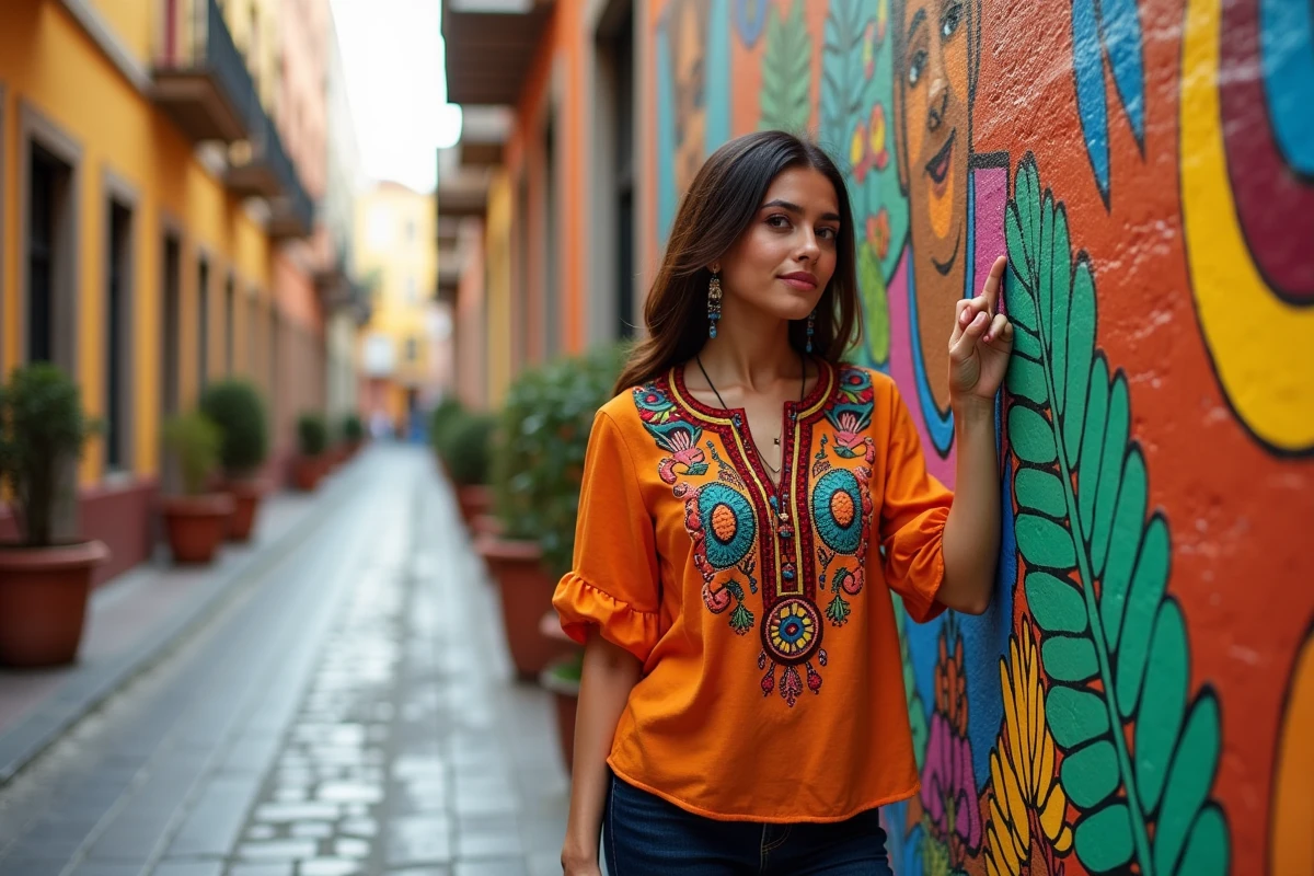 Femme latina devant une fresque murale colorée représentant des symboles culturels d'Amérique latine dans un quartier urbain ensoleillé