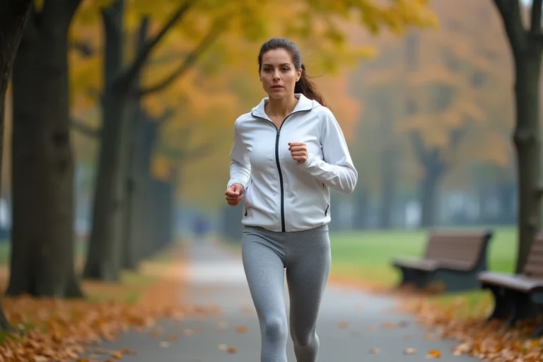 Femme d'une quarantaine d'années marchant rapidement sur un sentier urbain en automne pour améliorer sa santé cardiovasculaire