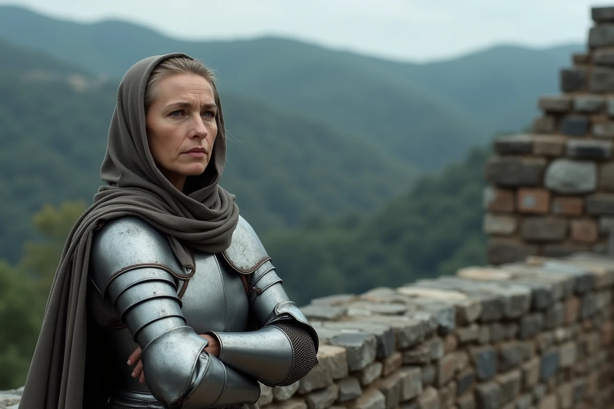 Femme en armure medievale sur un rempart de pierre