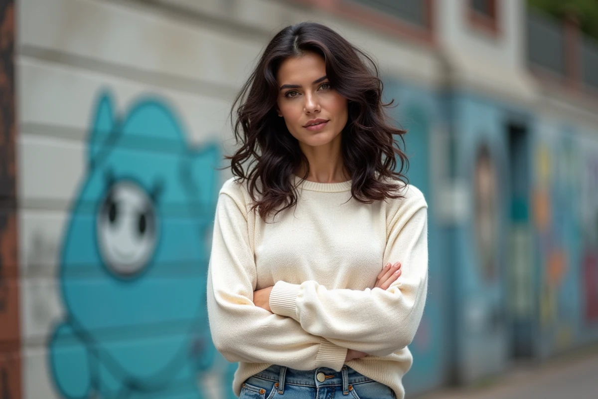 Femme debout face à un mur urbain en sweat crème