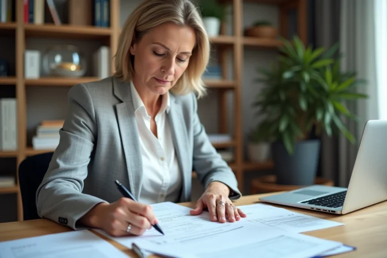 Femme remplissant un formulaire cerfa fiche d'immeuble à son bureau à domicile